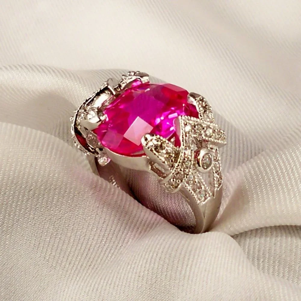 NEW Pink Oval Cut Doublet Cubic Zirconias Silver Vintage DESIGNER Ring